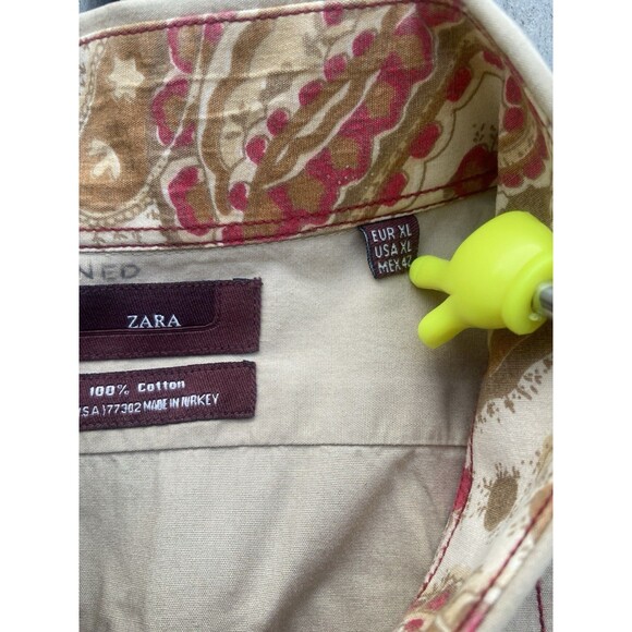 Zara Men’s XL Embroidered Paisley Dress Shirt Beige Cotton Contrast Cuff Turkey - Picture 5 of 16